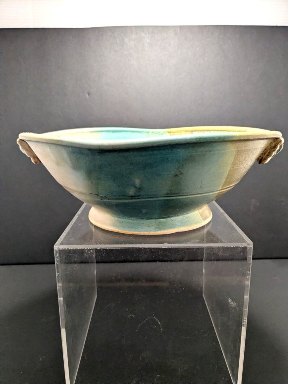 Vtg, Peter Rose Handcrafted Ceramic Bowl Multicolor Glaze Textured Handles